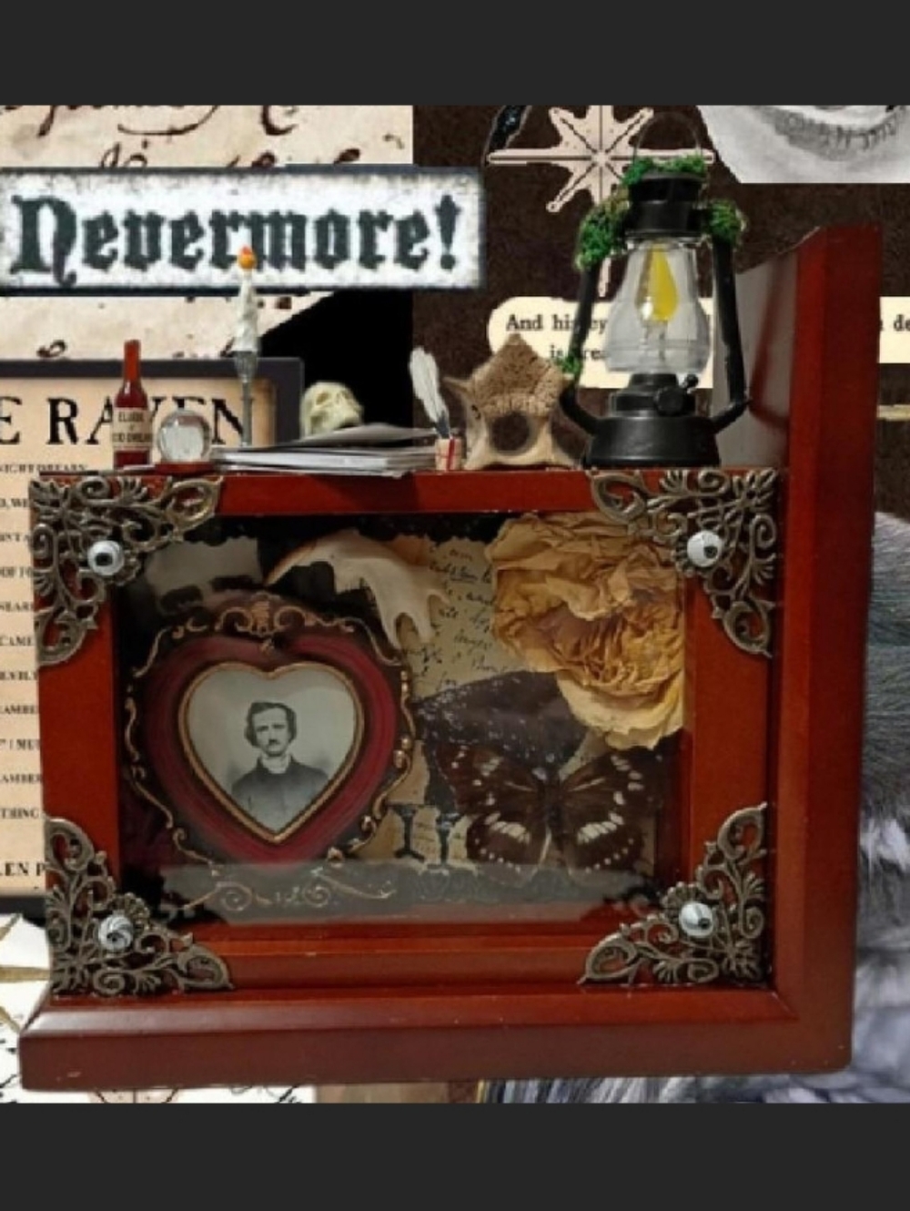 Handmade Edgar Allen Poe Themed Oddity Shadow Box & Mini Curiosity Shelf